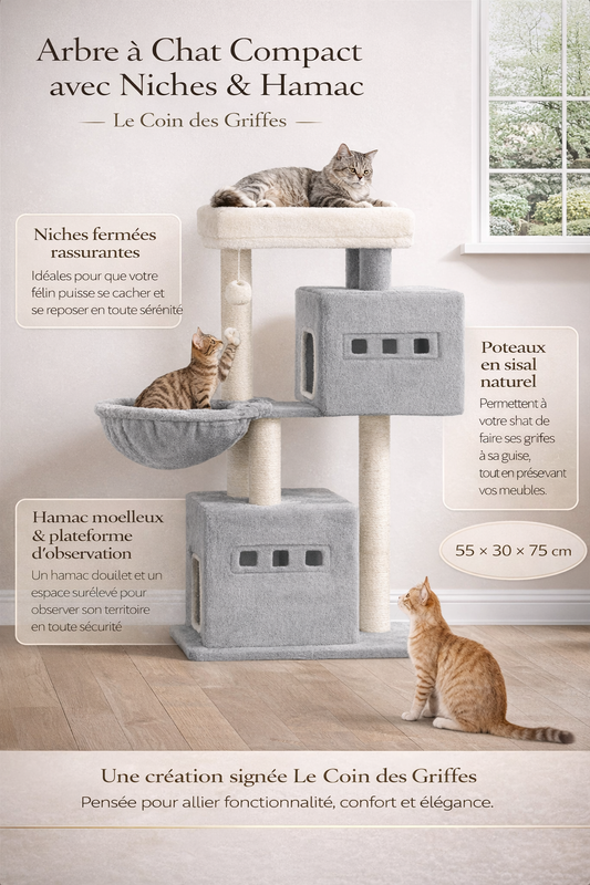 Arbre à Chat Compact avec Niches & Hamac – Le Coin des Griffes